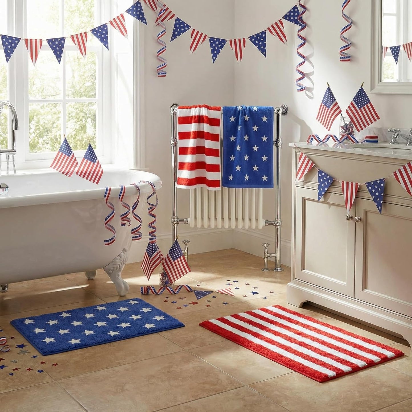 Breling 4 Pcs 4th of July Bathroom Rugs and Towels 250th Anniversary Red and White Striped Rugs and Towels Patriotic Non Slip Soft Absorbent Bath Mats for Independence Day Bathroom Home Decoration