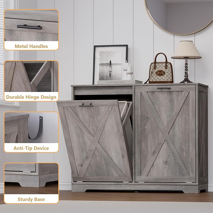Tilt Out Trash Can Cabinet for 2 Bins, Hidden Recycle Garbage Bin Enclosure - Image 5