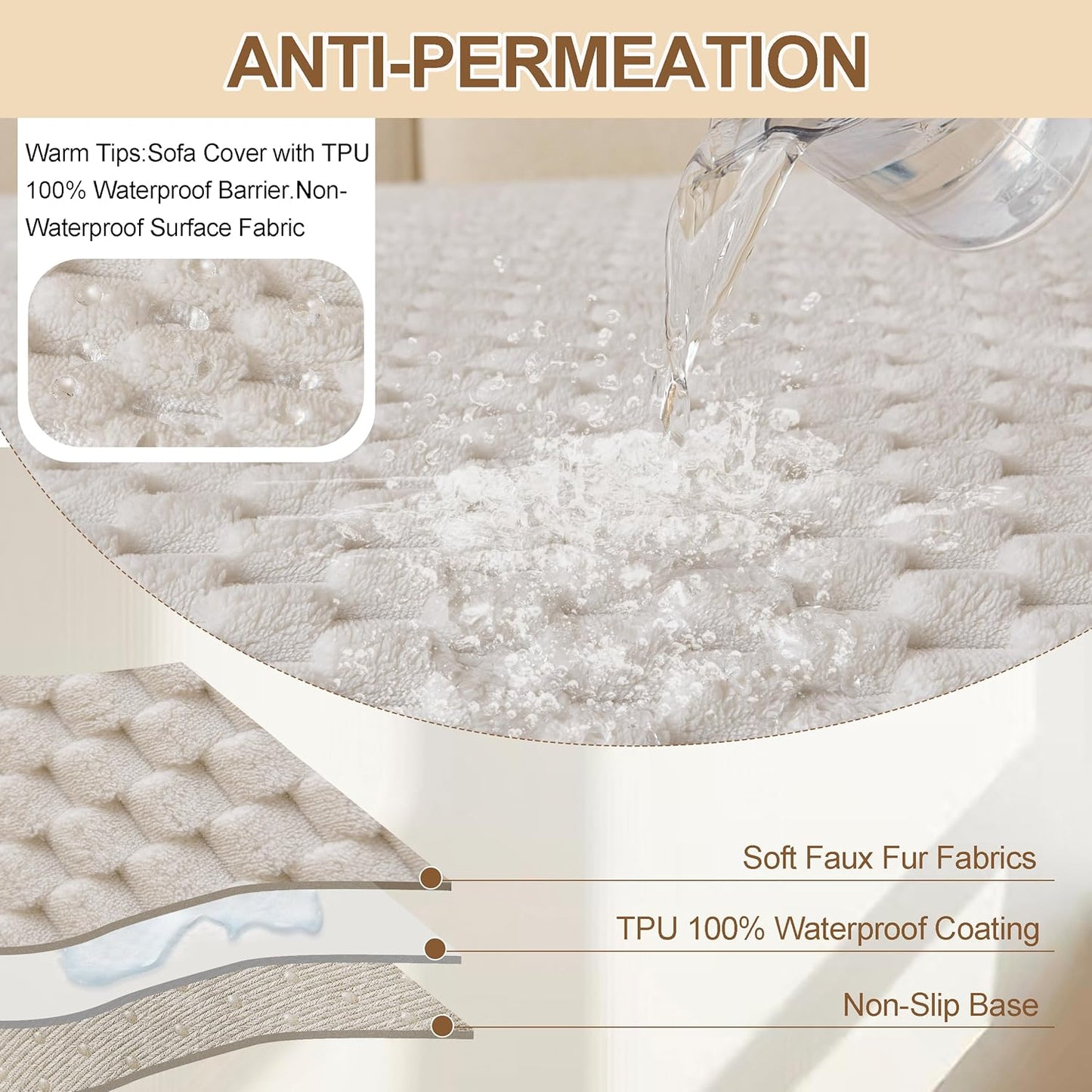Waterproof Couch Covers for Dogs, Non Slip Sofa Covers Washable, Soft Plush Couch Protector for 3 Cushion, Furniture Slipcovers for Sectional, Pet Dog Bed Cover (Cream,35"x 71")
