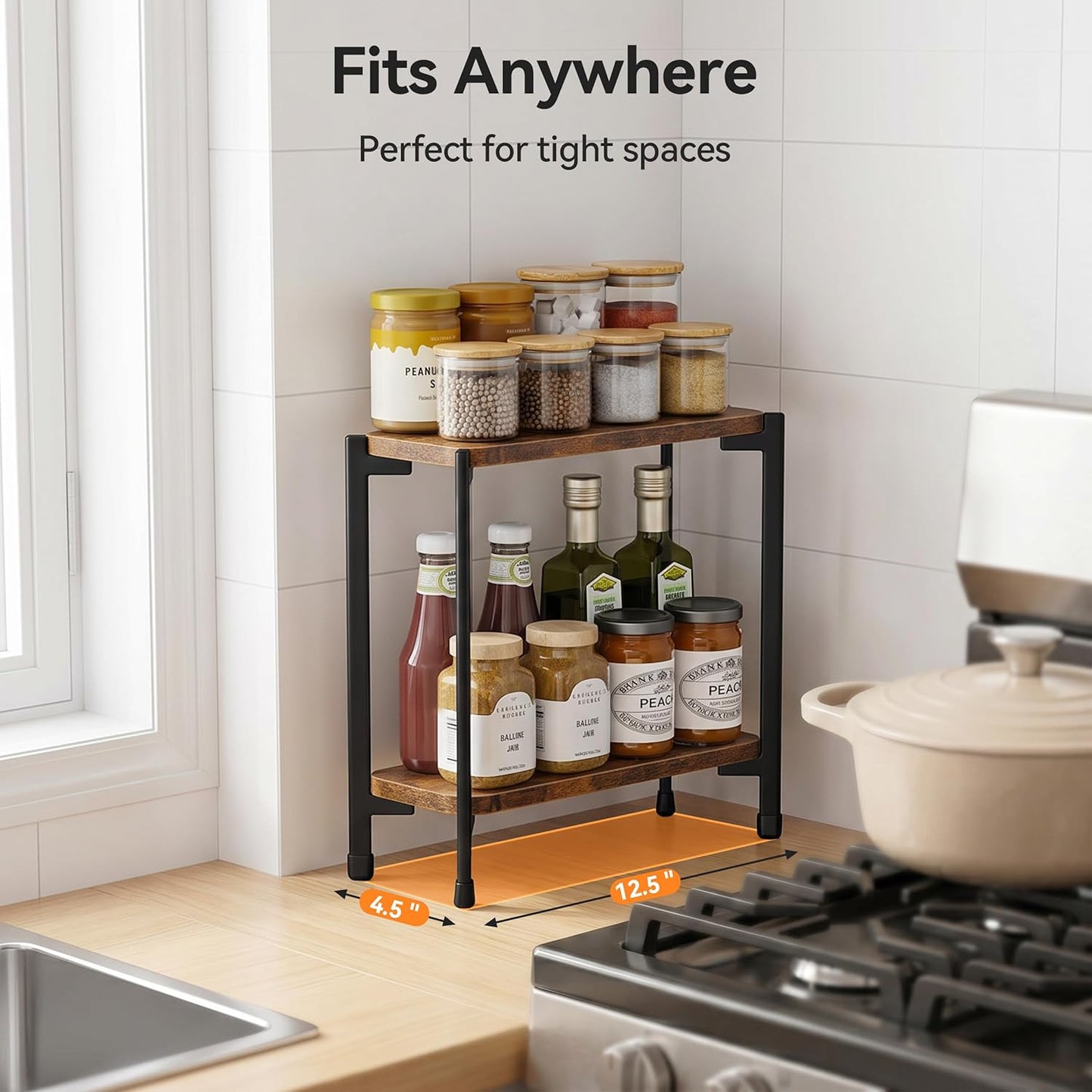 pickpiff 2 Tier Spice Rack Organizer for Kitchen Countertop, Wood and Metal Seasoning Shelf, Space-Saving Spice Organizer for Kitchen Counter, Coffee Bar and Dining Table, Brown