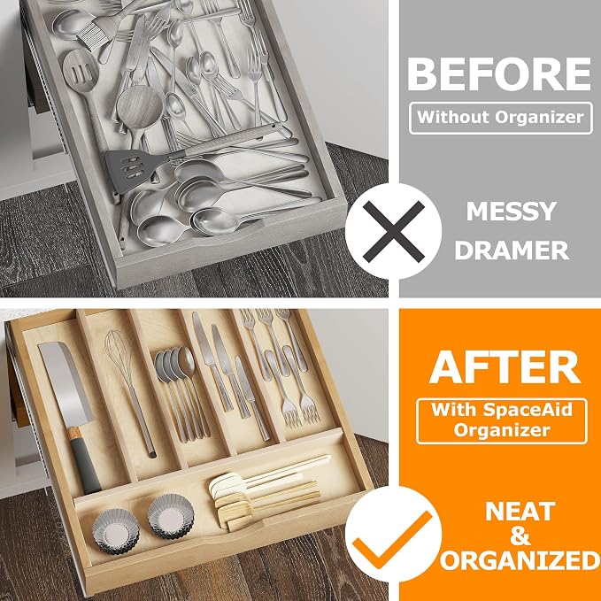 WelFurGeer Solid Birch Wood Silverware Drawer Organizer, Wooden Cutlery Drawer - Image 3