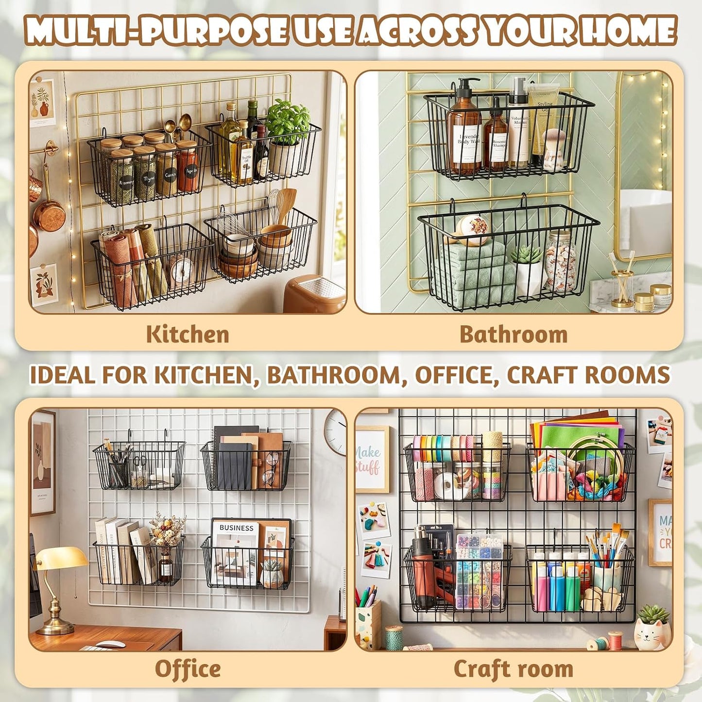 10 PCS Wire Baskets Wall Grid Panel Hanging Wire Basket Hanging Wall Baskets No Drilling Wall Hanging Baskets Grid Wall Storage Basket for Kitchen Bathroom Home Decor Supplies Large