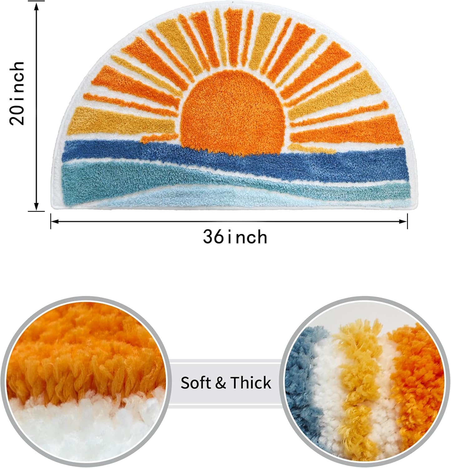 Boho Sun Bath Rug, Half Circle Bath Mat, Soft Plush Fluffy Absorbent Quick Dry Shower Rug, High-Low Pile Non Slip Floor Mat for Bathroom, Bedroom, Living Room, Kitchen Sink & Kids Room, 19.6"x35"