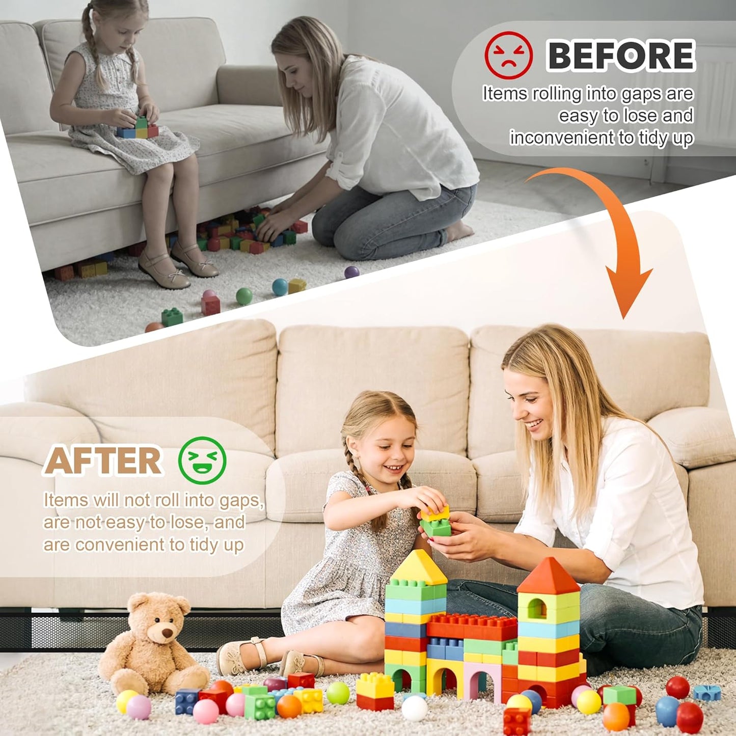 Under Couch Blocker for Toy, sunoyar Under Bed Blocker for Pets Adjustable, Toy Stoppers for Under Furniture & Sofa Plastic Mesh with Zip Ties Gap Guard Stops Lost Toys (L394 x H3)