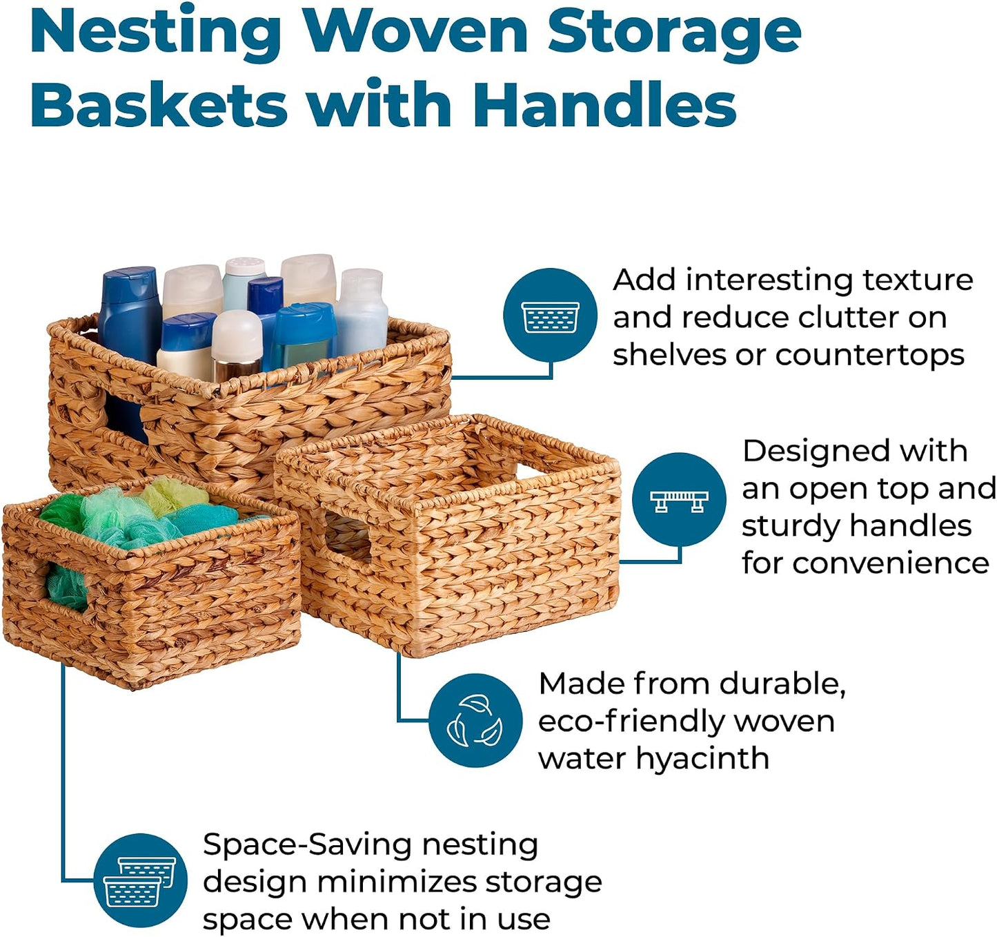 Honey-Can-Do Banana Leaf Storage Baskets, Water Hyacinth Woven Basket, Decorative Baskets-Shelves, Basket-Gifts, Closet, Pantry & Home Organization, Set of 3, Multi-Size, 9" Lx9" Wx6" H (Pack of 3)