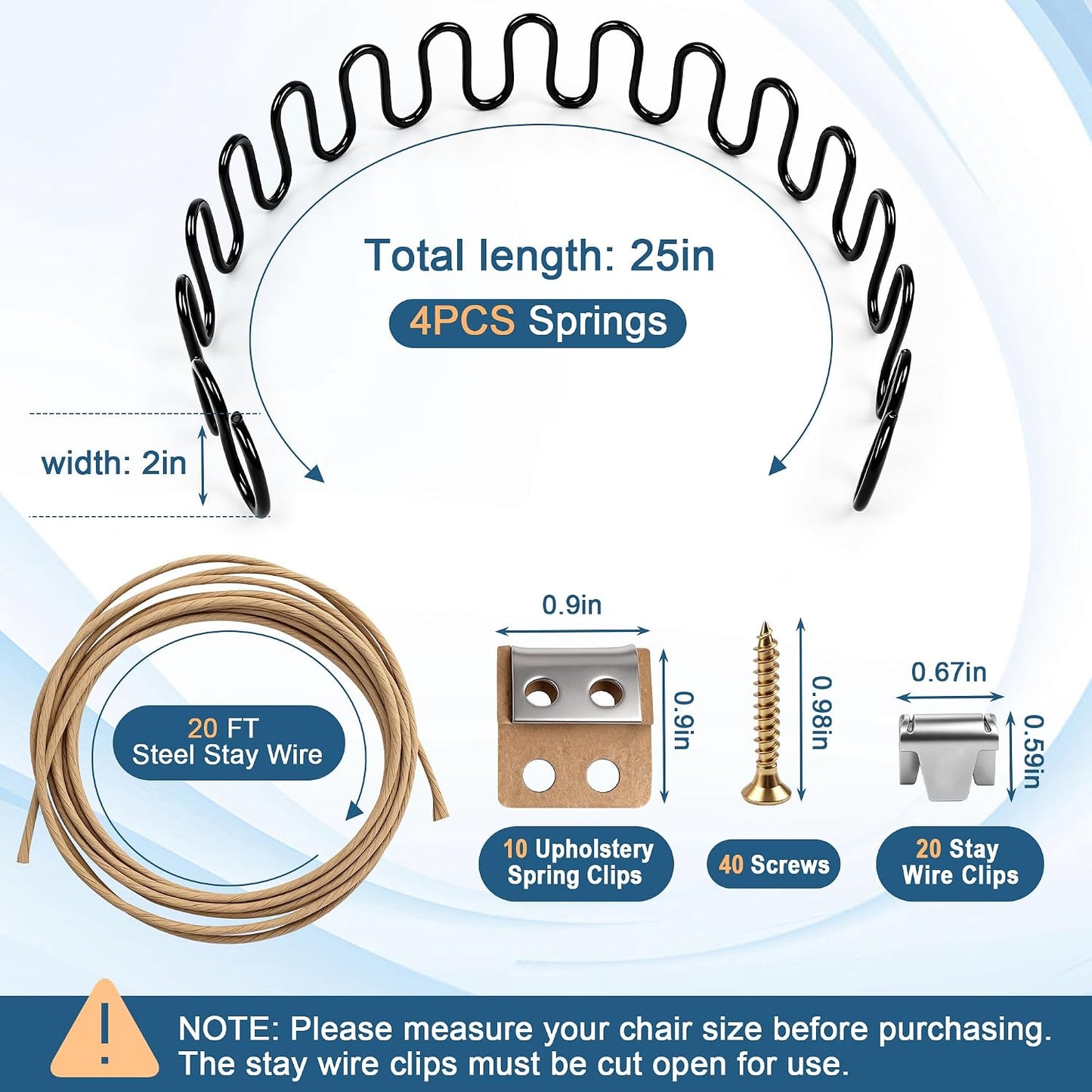 AHIER 25" 4 Pack Couch Spring Repair Kit, Sofa Supports for Sagging Cushions Upholstery Springs Seat Repair Replacement Kits - Includes 20ft Steel Stay Wire with 20 Clips, 10 Spring Clips, 40 Nails