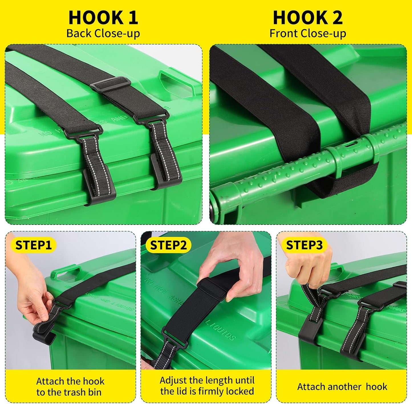 Trash Can Lock for Animals with Reflective Handle, Raccoon Proof Trash Can Lock with Adjustable Dual Paws for Securing Trash Can Lids from Small Animals/Strong Winds and Avoiding Dirty Hands -2pcs