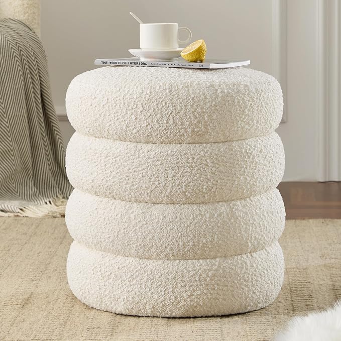 Round Ottoman with Storage Boucle Ottoman Stool with Storage Removable Lid by Krcix