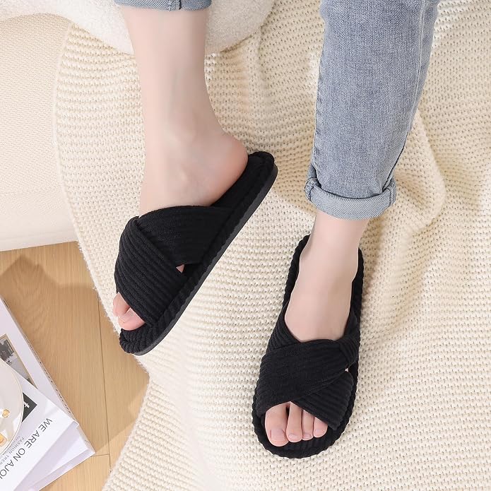 Evshine Summer House Slippers for Women Corduroy Cross Bow Indoor Slippers Open - Image 2