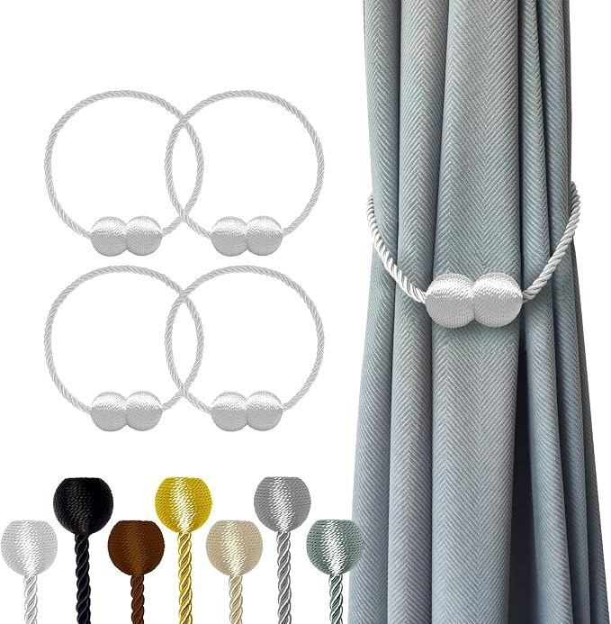 Hion Magnetic Curtain Tiebacks White 4 Pack, Curtain Tiebacks Buckles Holdbacks by Hion
