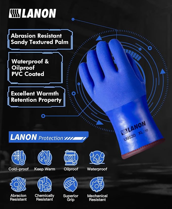 LANON PVC Coated Cold Proof Heavy Duty Gloves, Waterproof Warm Work Gloves - Image 2