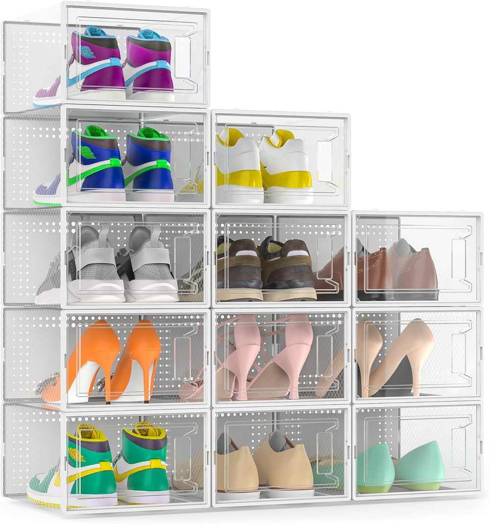 12 Pack XX-Large Stackable Clear Plastic Shoe Storage Box Organizer, White