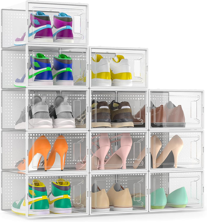 12 Pack XX-Large Stackable Clear Plastic Shoe Storage Box Organizer, White