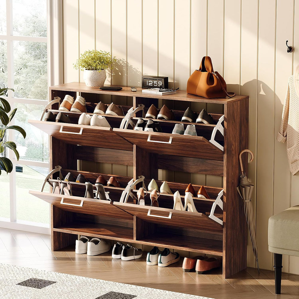 VINGLI Walnut Shoe Cabinet for Entryway, Slim Rustic Shoe Storage Cabinet wit...