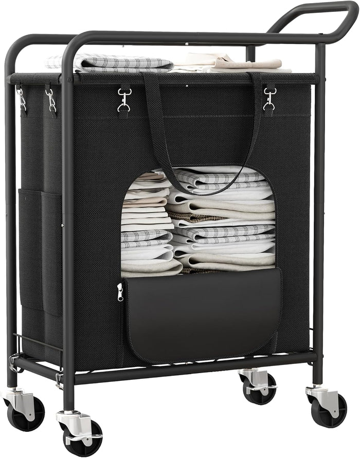 Laundry Basket with Wheels, Rolling Laundry Hamper with 38.4" Tall Handle for Less Bending, Bottom-Opening Design for Easy Unloading, Slim 150L Rolling Laundry Cart for Apartment, Dorm & Home