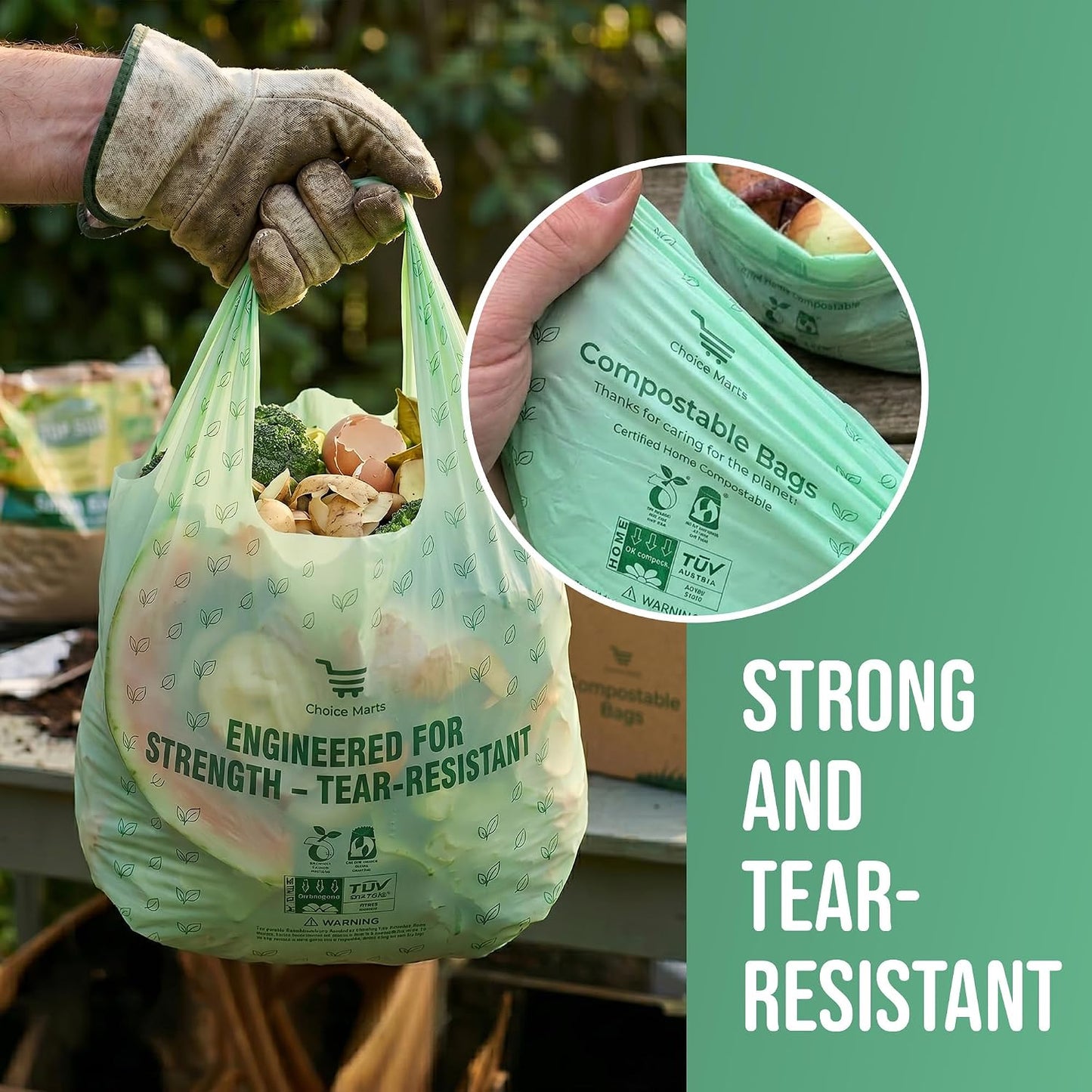 50 Home Compostable Trash Bags 1.6 Gallon Easy Tie Handles | Certified Home Compostable, Leak Resistant Kitchen Compost Bags, Easy Tie Handles, Fits Most Countertop Bins