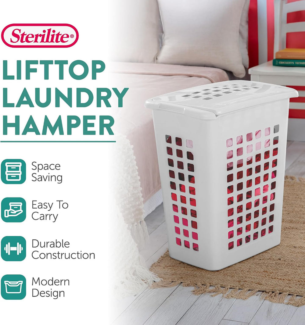 Sterilite Rectangular LiftTop Laundry Hamper with Lid, Handles to Easily Carr...