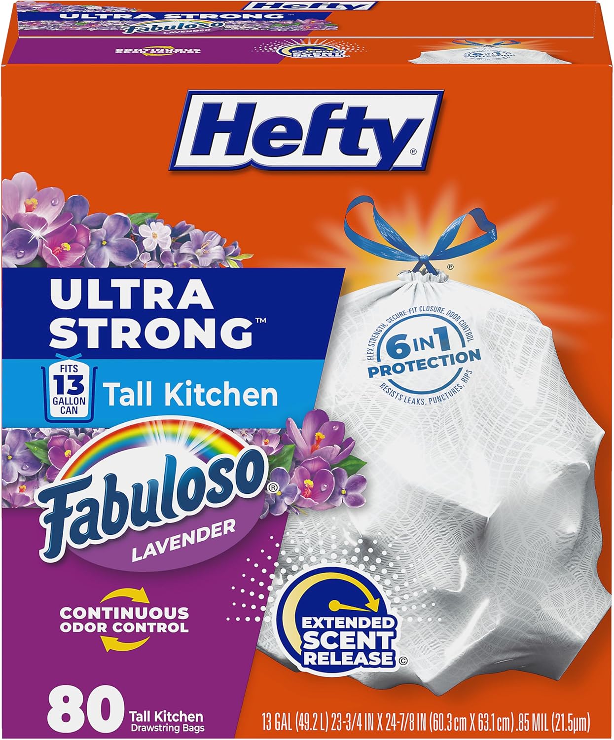 Hefty Ultra Strong 13 Gal Kitchen Trash Bags, Fabuloso Lavender, 80ct | 13G Tall White Trash Bags with Drawstrings for Kitchen and Home Use, Resists Leaks, Punctures, Rips, Continuous Odor Control