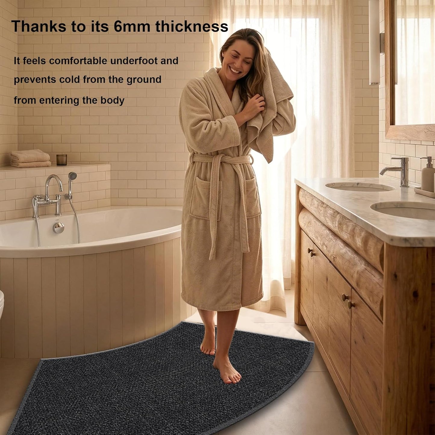Non-Slip Curved Bath Mat, Semi Circle Bathroom Rug, Quick Drying Absorbent Corner Shower Mat, Sturdy Faux Linen Woven Bath Mat for Curved Shower,Black,Curved 1'6"×3'3"