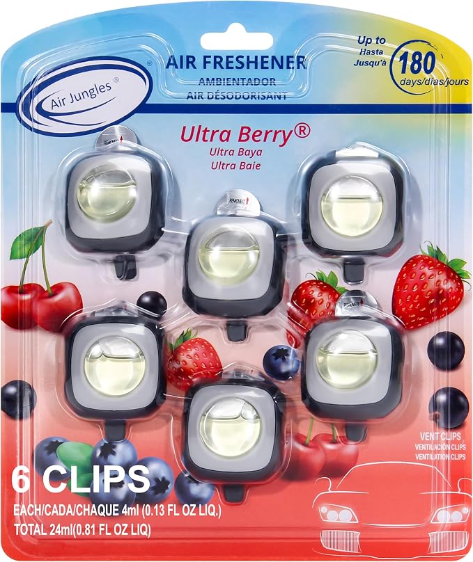Air Jungles Ultra Berry Scent Car Air Freshener Clip, 6 Vent Clips, 4ml Each by AirJungles