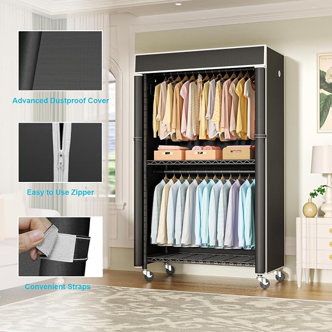 FUTASSI Clothing Rack with Cover, P1C Rolling Closets with Wheels, Metal