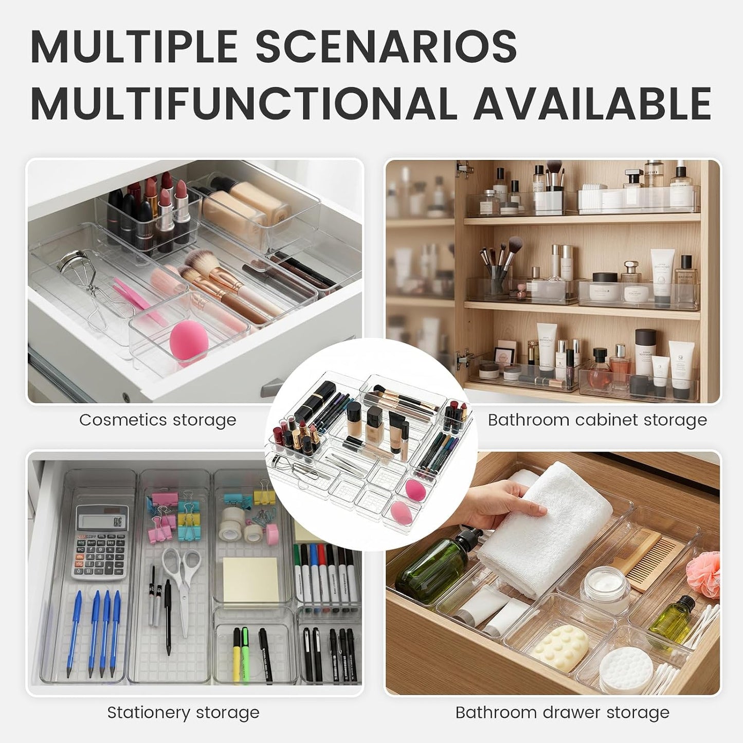 Clear Acrylic Makeup Organizer and Make Up Storage for Vanity - 4 Sizes Multi-layer Plastic Vanity Storage Organizer Bins and Drawer Divider Set - Makeup Drawer Organizer and Vanity Storage Bin