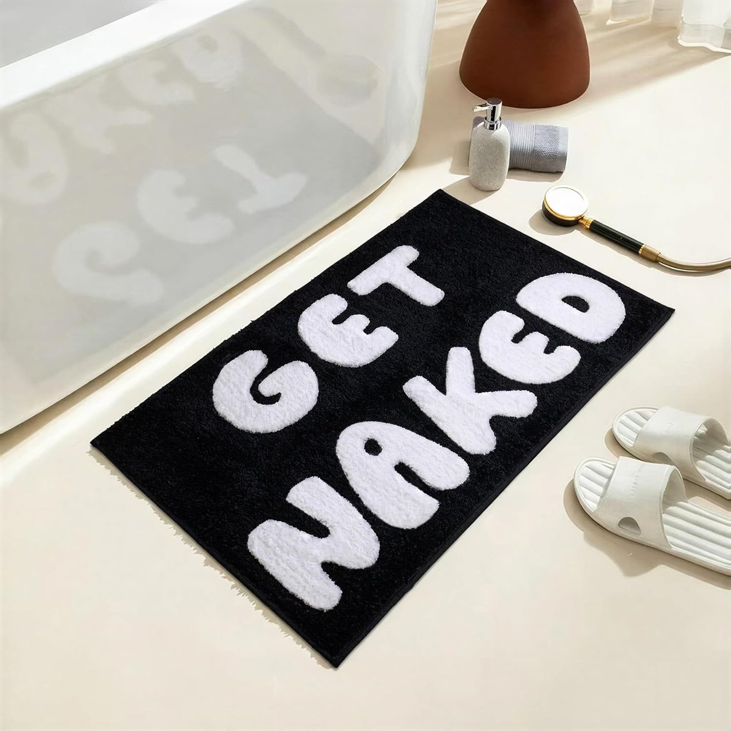 Black and White Get Naked Bath Mat 20"x32" – Non-Slip, Quick Absorbing Bathroom Rug, Funny Bathroom Decor for Home, Machine Washable & Easy Clean with Unique Letter Design (Black)