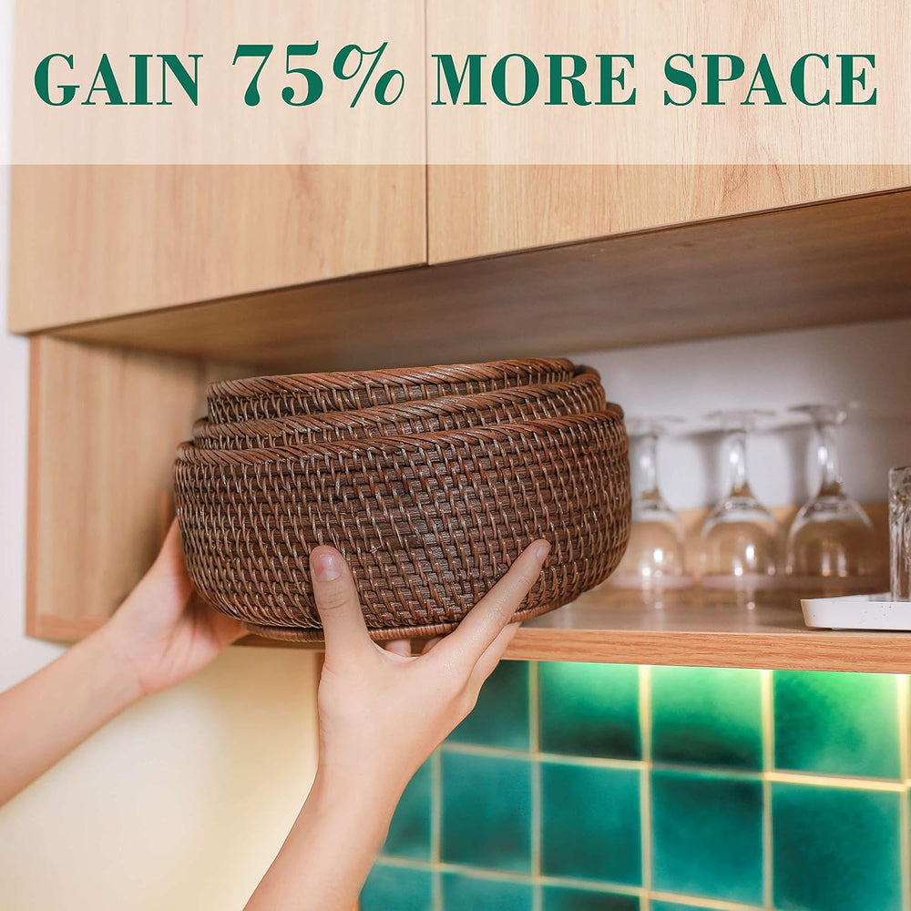 Rattan Bread & Fruit Serving Baskets Set of 3, Round Wicker Baskets for K...