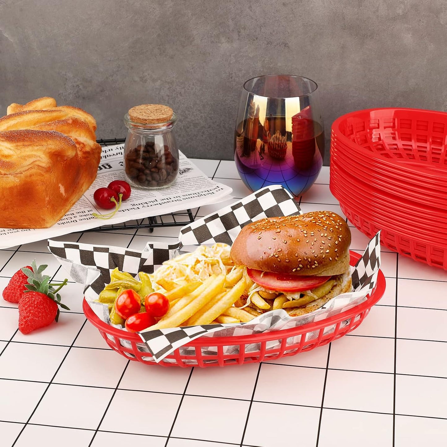 EUSOAR 6Pcs Red-Oval Plastic Fast Food Serving Baskets, 9.4in x 5.9in, Great for Burgers, Fries, Sandwiches, Dishwasher and Microwave Safe