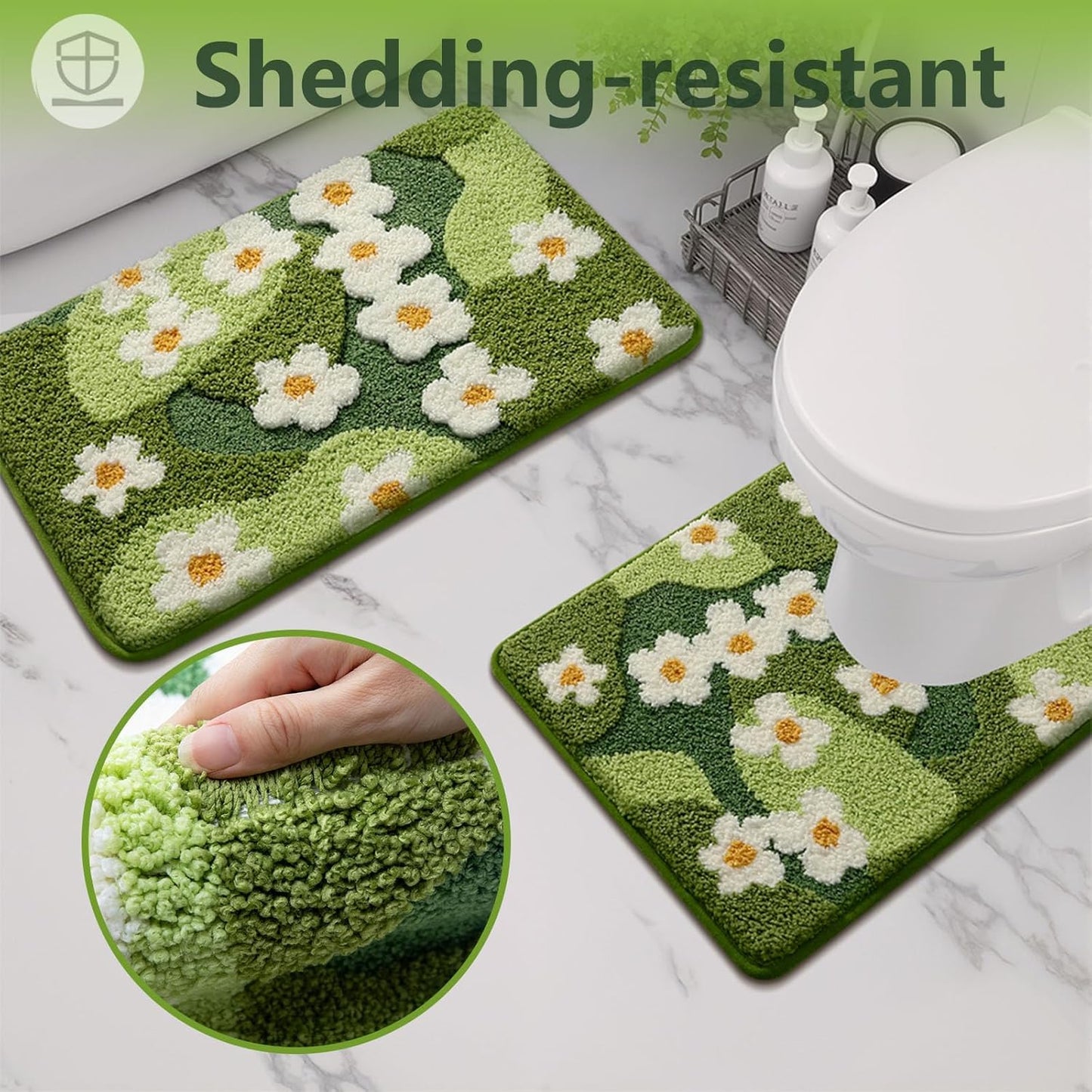 Bathroom Rug Set 2 piece Green Flower Bath Mat Set, Cute Bath Mat and U-Shaped Toilet Mat,Ultra Soft Absorbent Non Slip, 32" x 20" Machine Washable Moss Bathroom Mat(Blooming Set, 22" x 20")