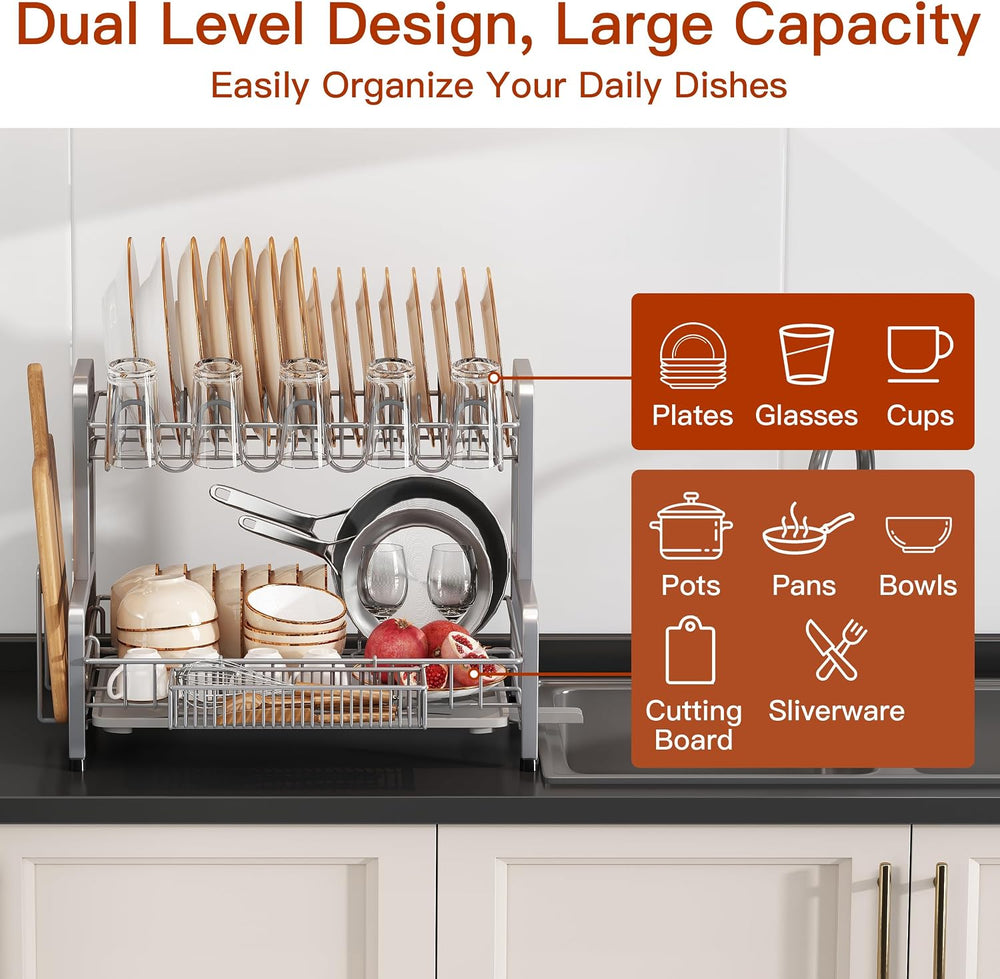 BOOSINY 2 Tier Large Stainless Steel Dish Drying Rack for Kitchen Counter