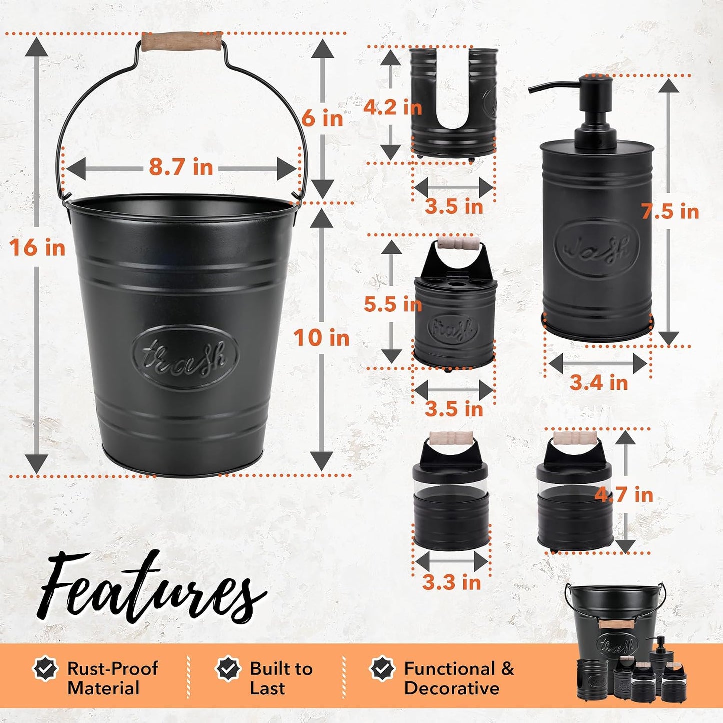 Autumn Alley Rustic Black Farmhouse Bathroom & Kitchen Accessories Set, 6-Piece Black Bathroom Set with Trash Can, Soap Dispenser, Toothbrush Holder, Decorative Sponge Holder & Apothecary Jars