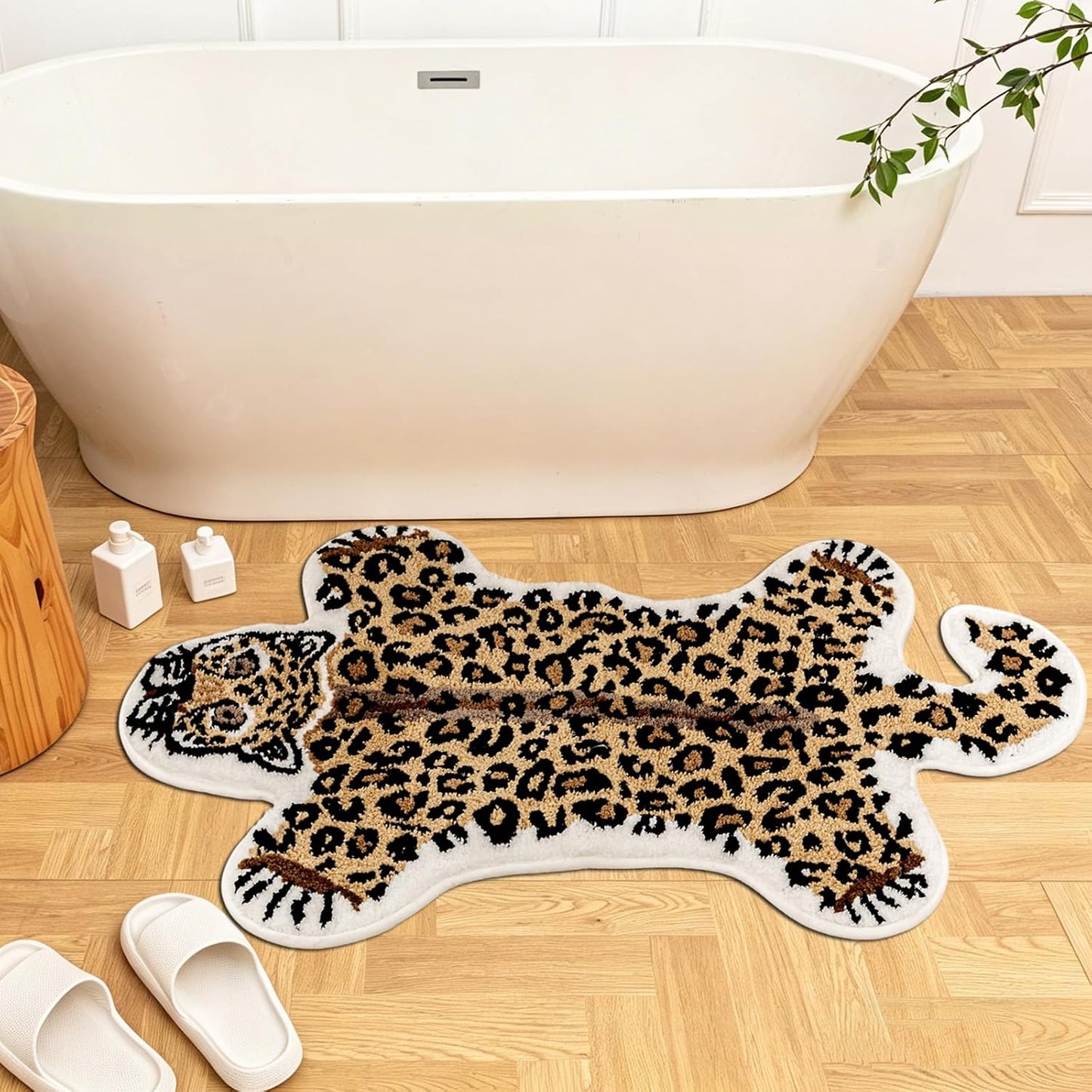 Leopard Bath Mat for Bathroom,Cute Cartoon Bathroom Rug Brown Non-Slip Animal Shaped Door Mat Washable Absorbent Bathtub Shower Rugs 24x40 Inch