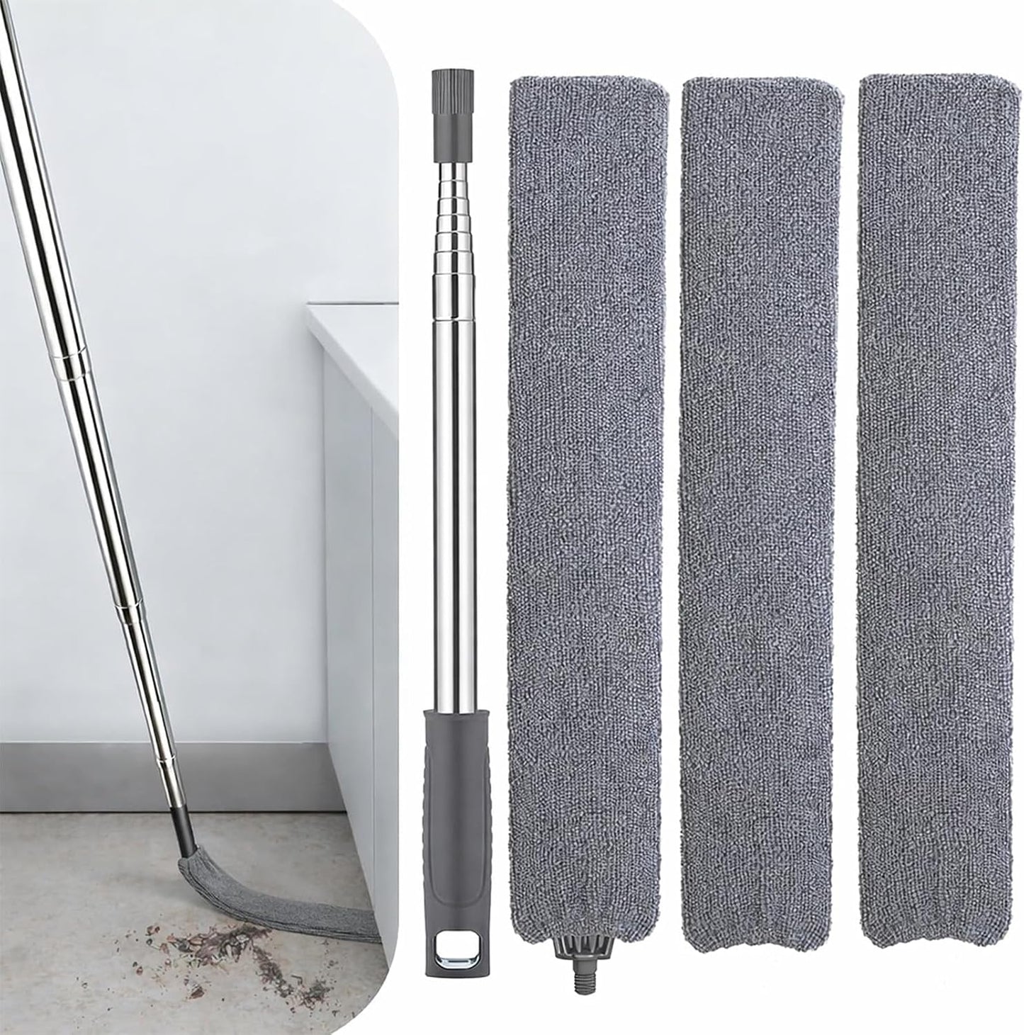 Retractable Gap Dust Cleaner with Extension Pole, Cleaning Tools with 3 Microfiber Dusting Cloths, Extendable Long Handle Duster for Cleaning Under Refrigerator Furniture Appliance