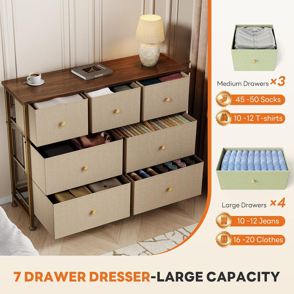 Sweetcrispy 7 Drawer Dresser for Bedroom Storage with Fabric Bins, Khaki