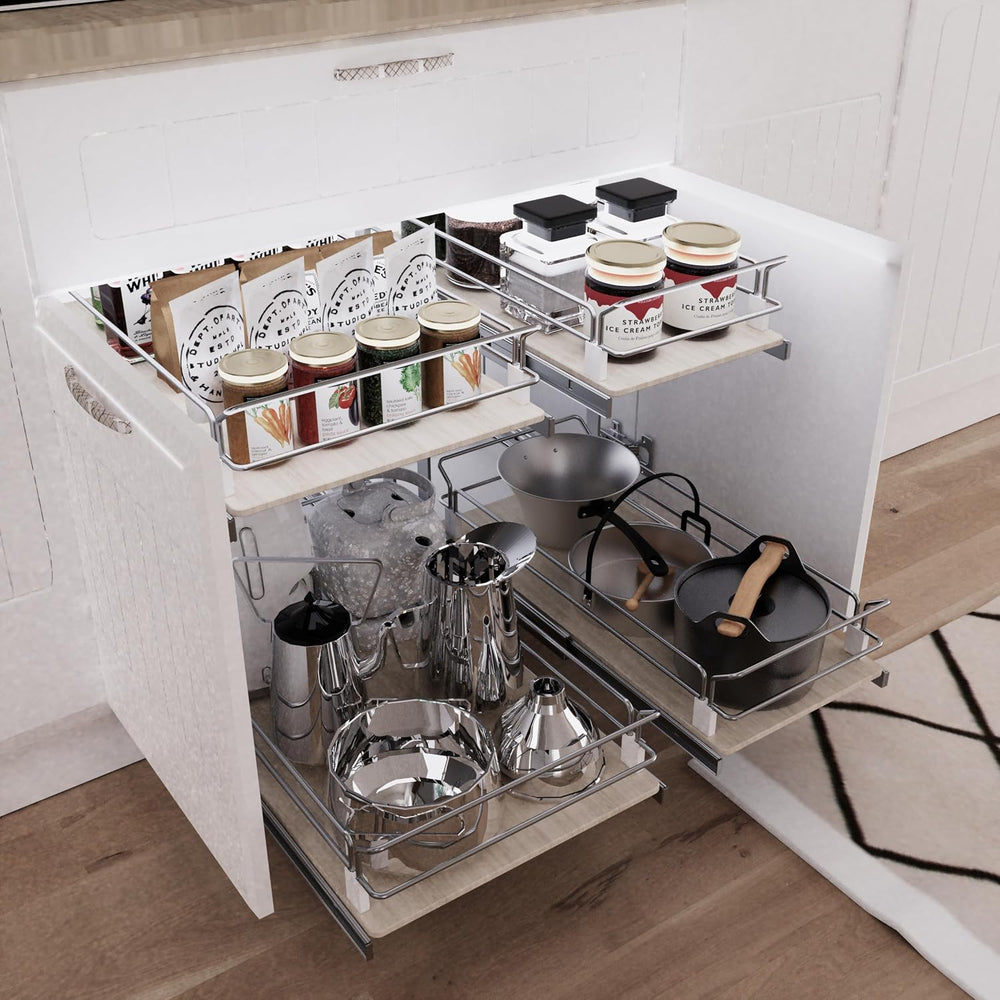 2 Tier Pull Out Cabinet Organizer 14.45" W X 22" D, Wood & Chromed