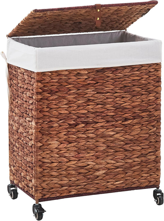Handwoven Laundry Hamper with Wheels, Natural Water Hyacinth Rolling Laundry Basket with Lid and Removable Liner, Durable and Stylish for Bedroom, Bathroom, Laundry Room (Espresso, 95L)