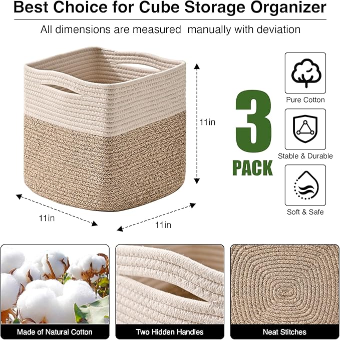 11 Inch Cube Storage Bins, Organizer Woven Cotton Rope Square Baskets - Image 3