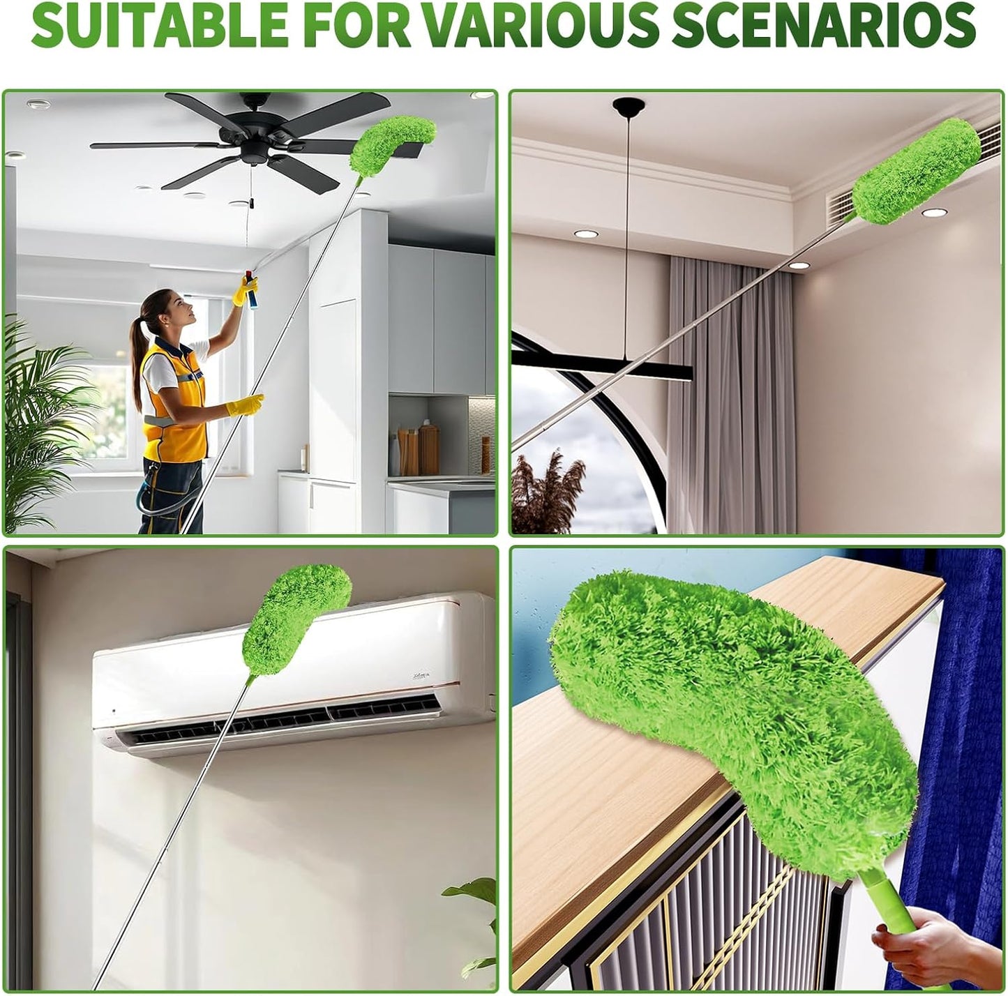Cobweb Duster with Extension Pole, Washable Cleaning Duster Set with 2 Duster Heads, Corner Brush, 15-110-Inch Telescoping Pole for high Ceiling Fans, Long Duster for high Ceilings，Spider Web Brush