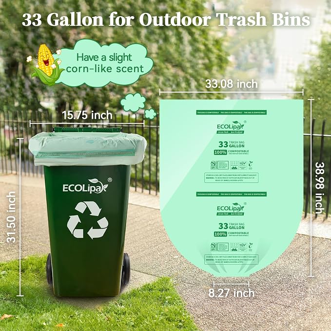 ECOLipak 33 Gallon Compostable Trash Garbage Bags, US BPI ASTM D6400 and OK - Image 2