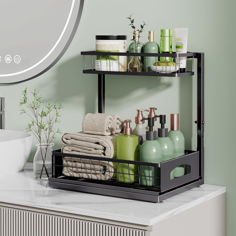 Under Sink Organizer, 2-Pack L-Shaped Metal Pull-Out Drawers for Kitchen