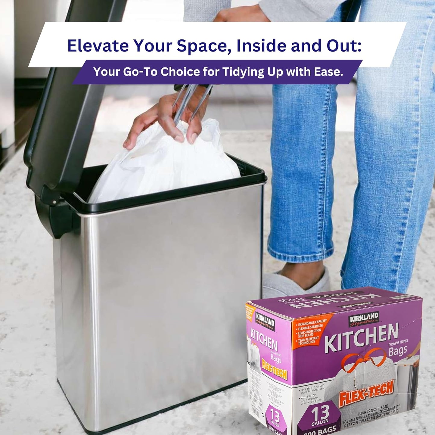 Worldwide Nutrition Bundle Compatible with Kirkland Signature Flex-Tech 13 Gallon Kitchen Garbage Bags with Drawstring Closure - 200 Count Pack of Tall Trash Bags for Kitchen with Keychain