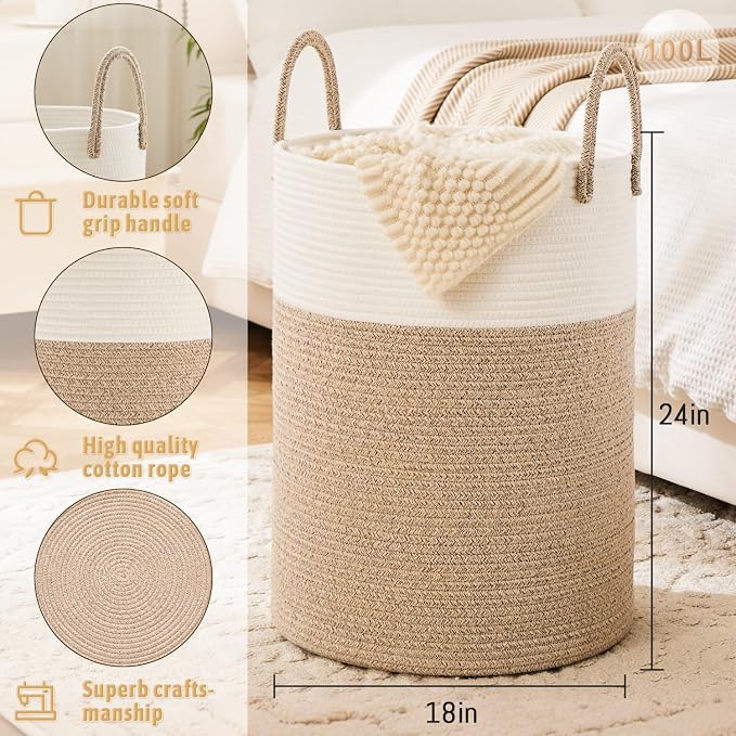 Laundry Basket, Woven Cotton Rope Laundry Hamper, 100L - Image 6