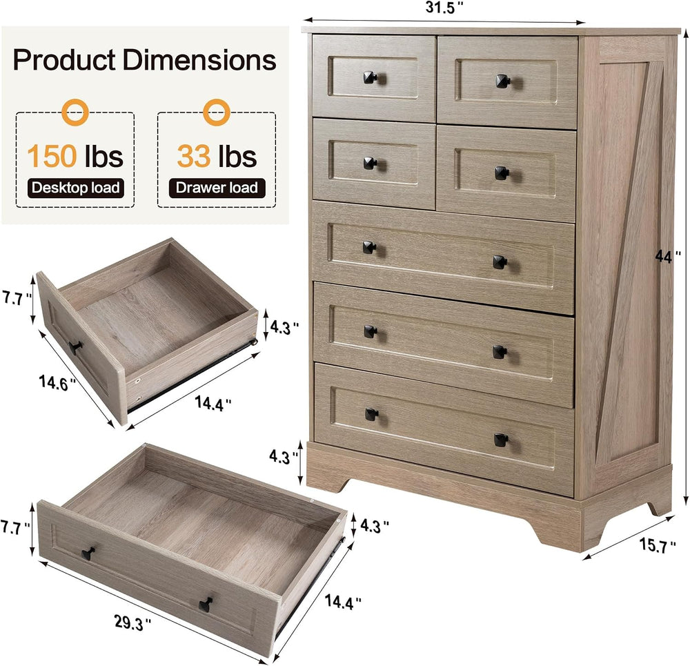 7 Drawers Tall Dressers for Bedroom, 44" Wood Chest of Drawers with Meta...