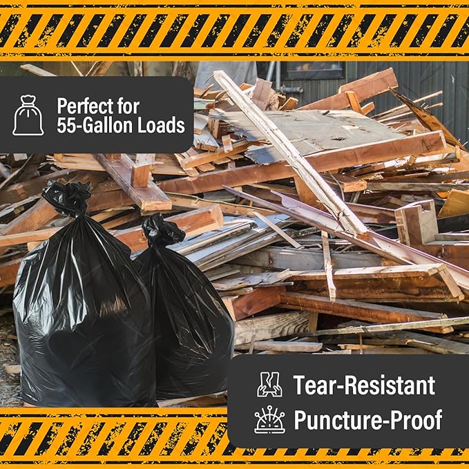 Extra Heavy Duty Black Contractor Garbage Bags 55 Gallon, 50 Trash Bags - Image 3