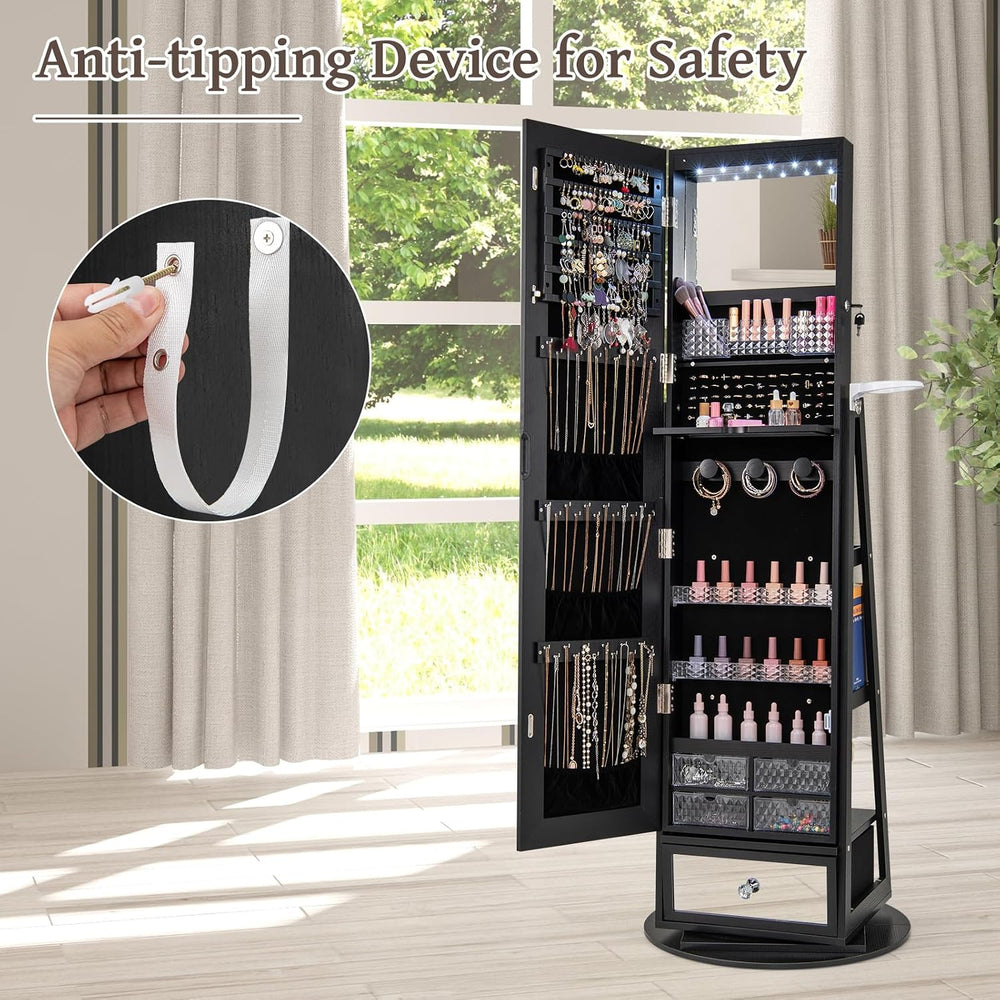 GOFLAME 360 Rotating Jewelry Cabinet with Full Length Mirror, Standing LED Je...