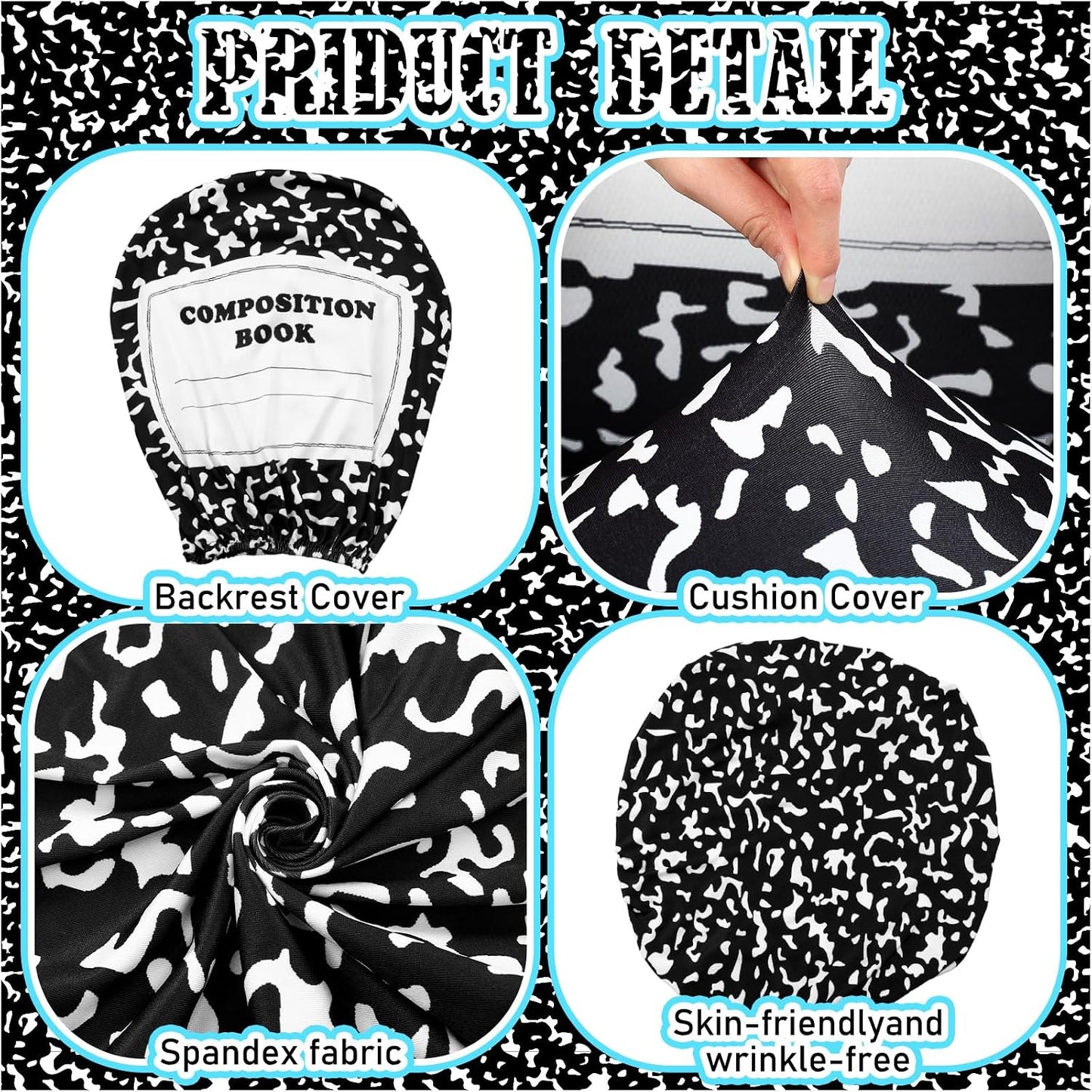 Chumia Composition Notebook Classroom Decor Teacher Office Chair Slipcover Teacher Black and White Composition Cover for Office Classroom Chair Protective Stretch Decorative Fabric Cover Standard Size