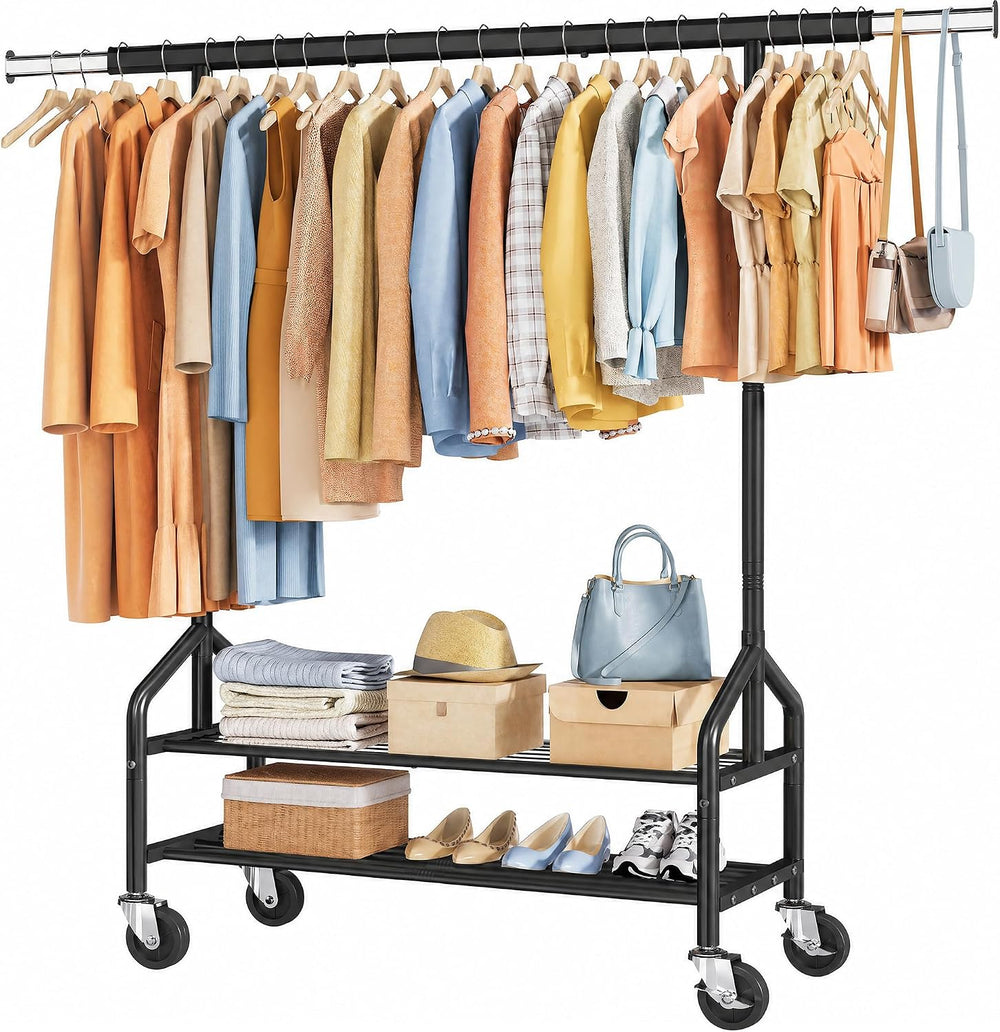 Tajsoon Clothing Rack with 2 Shelves, Metal Heavy Duty Load 350 LBS, Black