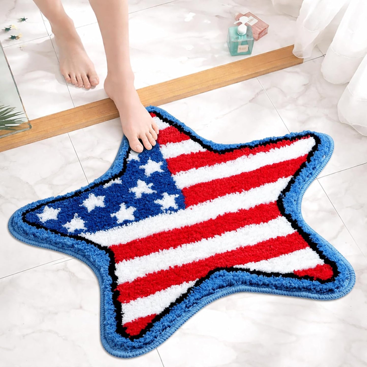 American Flag Bath Rug for 4th of July Decor,22.4"x23.6" Non-Slip Patriotic Star Shaped Door Mat Soft Absorbent Washable Indoor Outdoor Entryway Bathroom Kitchen Rug,Independence Day Decor