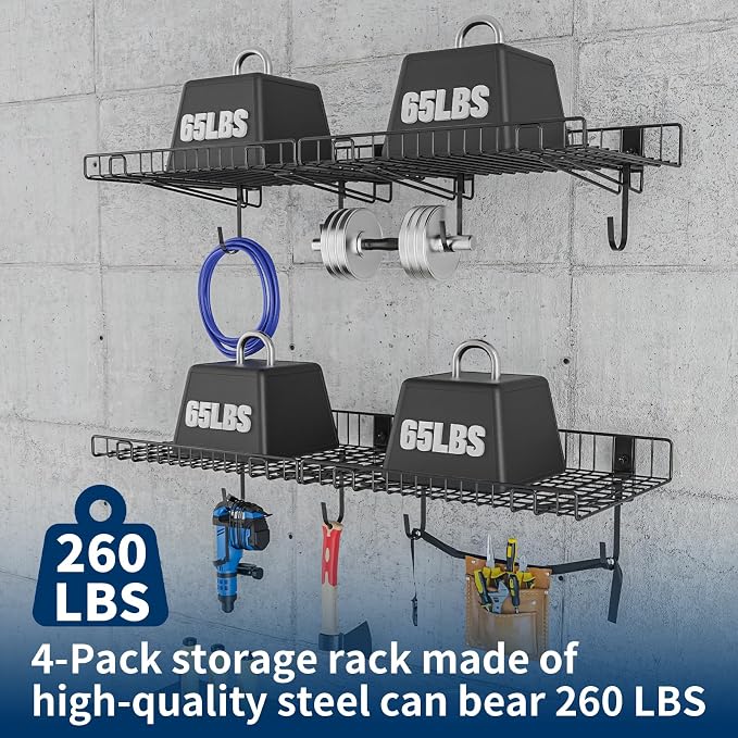 4 Pack Garage Wall Shelf, Wall Mounted Storage Shelves, Heavy Duty Metal Shelves